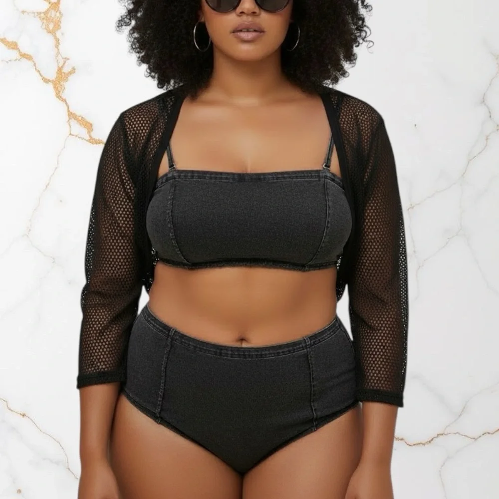 SKIMS Black Denim Wash Denim Swim Bandeau 4X NWT